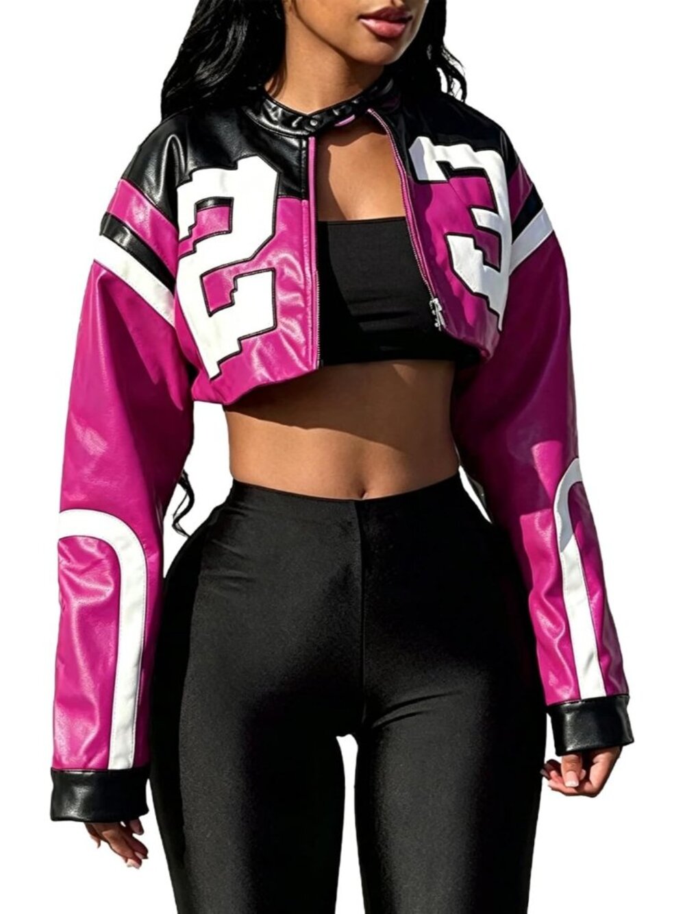 Women's T Rose Red Faux Leather Long Sleeve Cropped Streetwear Bomber Jackets